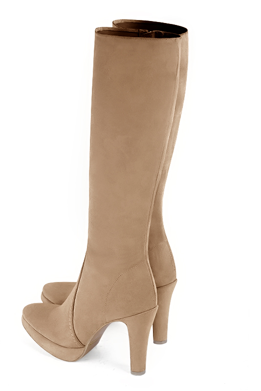 Tan beige women's feminine knee-high boots. Round toe. Very high slim heel with a platform at the front. Made to measure. Rear view - Florence KOOIJMAN